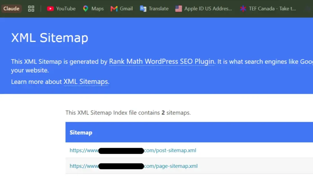 XML sitemap screenshot from Ran Math SEO Plugin (1) Rank Math XML sitemap index showing post and page sitemaps